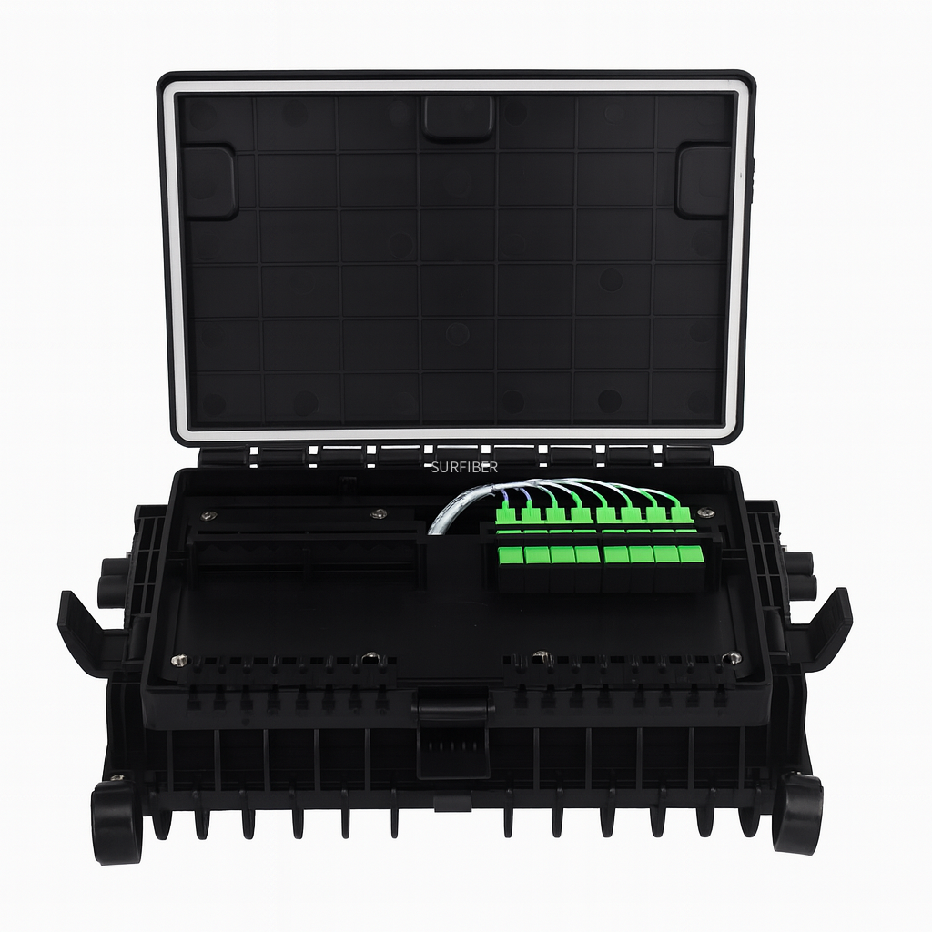 SUROTB027 Outdoor Fiber Optic Terminal Box 48 Core, IP65 Waterproof ABS Enclosure with 8 Cable Ports for FTTH Network
