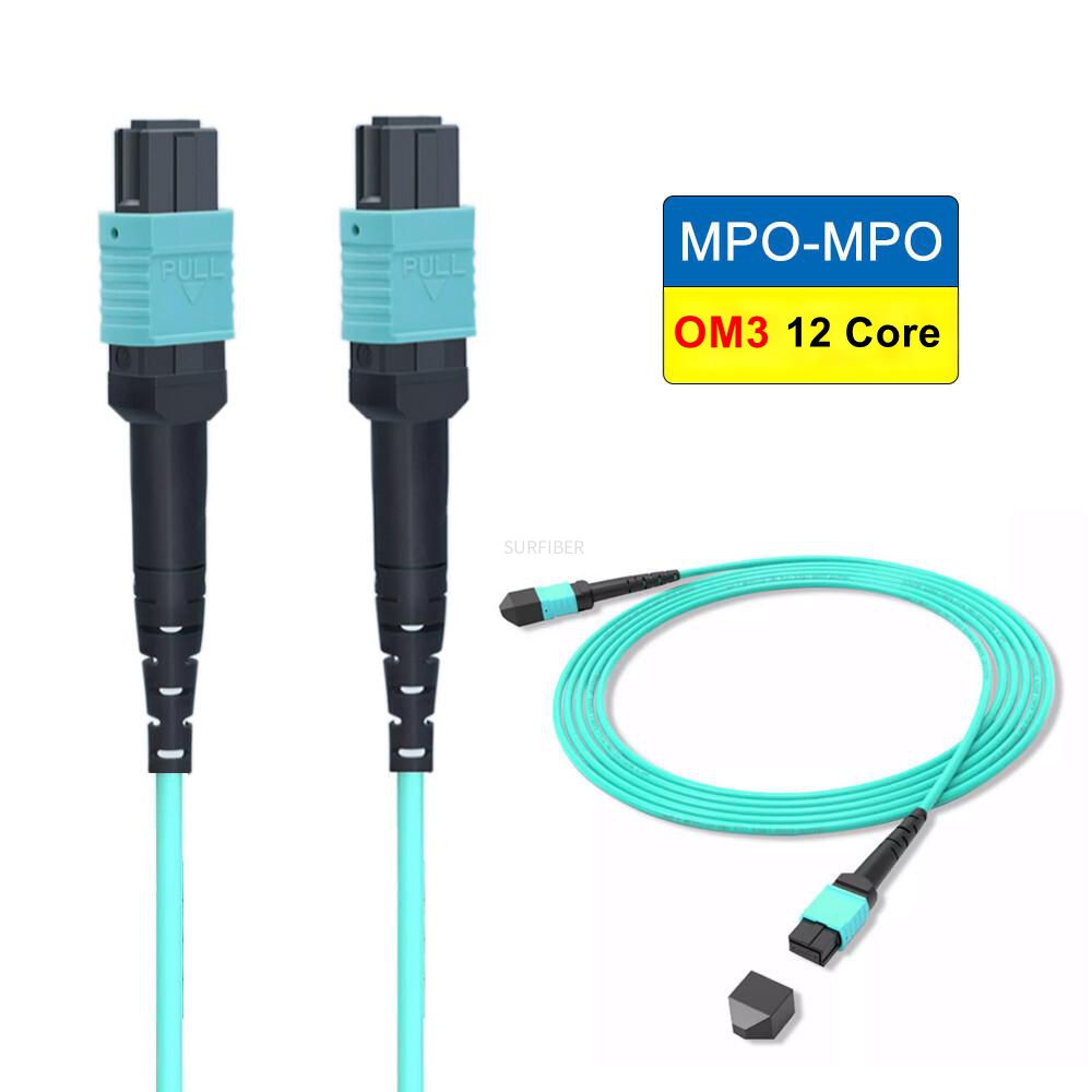 High-Performance MPO/MTP Patch Cord, 12 Core OM3 Multimode Fiber Cable, LSZH, Low Loss IL≤0.35dB, Type A/B/C